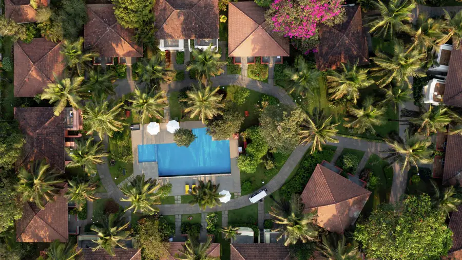 Pools and terracotta roofs from above